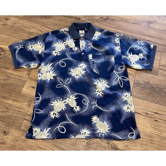 Tommy Bahama Hawaiian Polo Shirt Mens L Silk Pineapple Coconut All Over Print - Picture 2 of 10